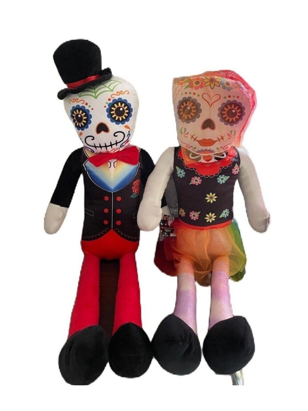 Day Of The Dead Sugar Skull Fabric Plush Bride & Groom Set Of 2 35" Tall
